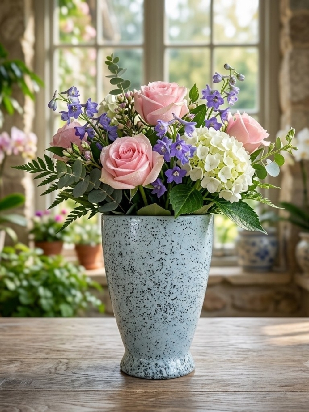 Artisan Speckled Light Blue Gray Stoneware Ceramic Vase